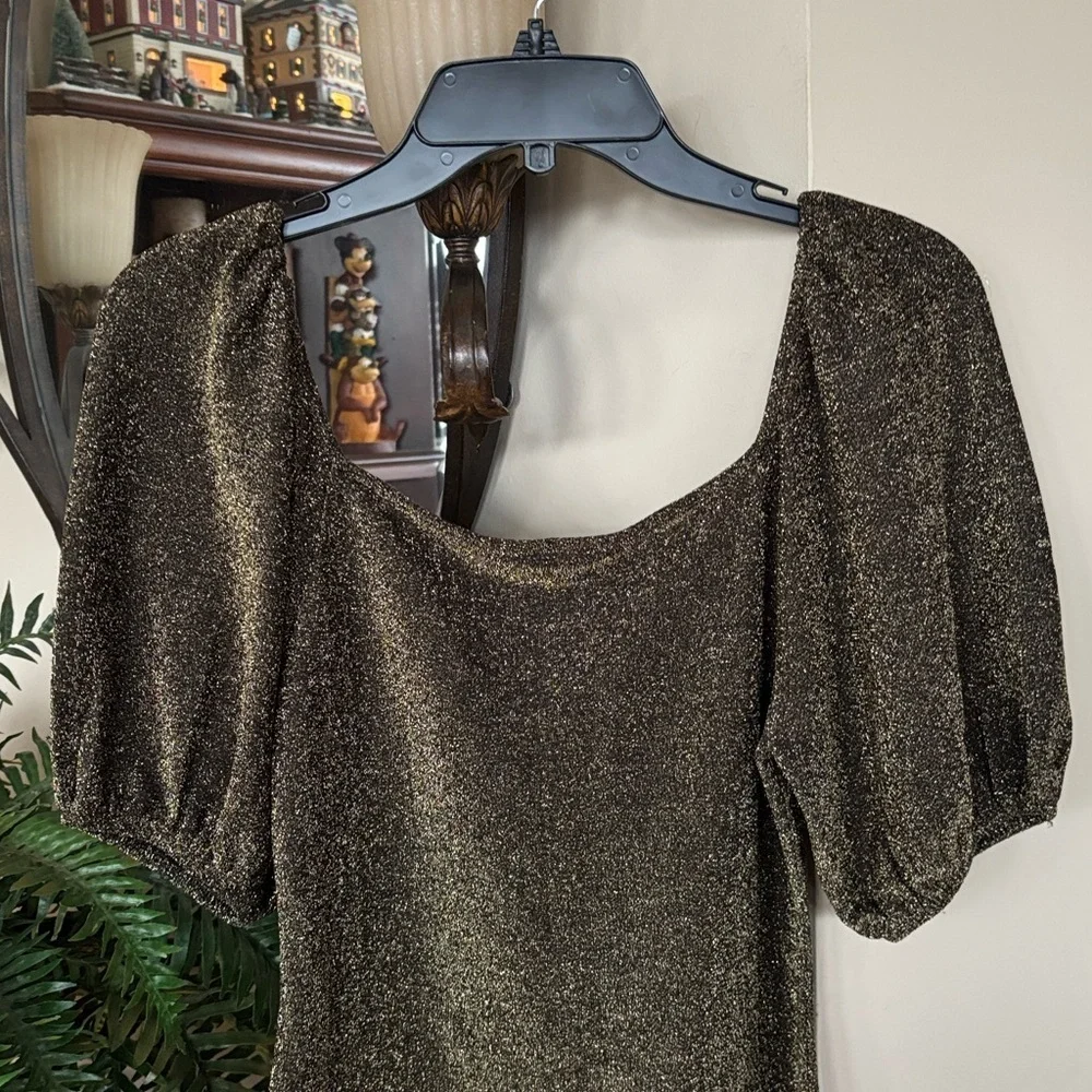 Boden Black Gold Metallic Sparkle Jersey Top Short Puff Sleeves Fitted Blouse